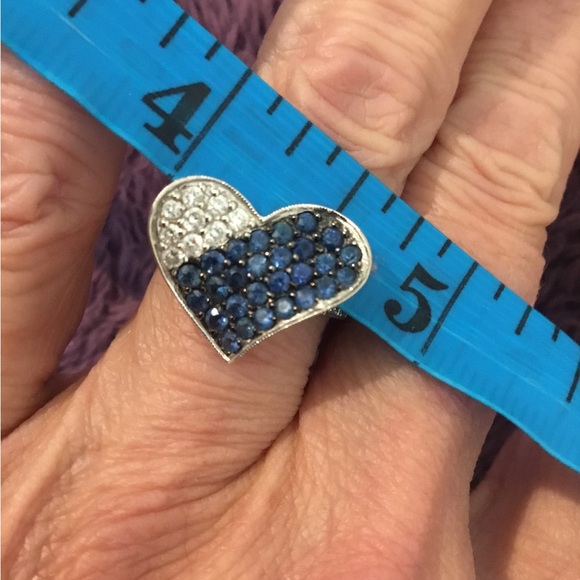 14k 585 White Gold Heart Diamond /Sapphire Ring - Picture 14 of 16